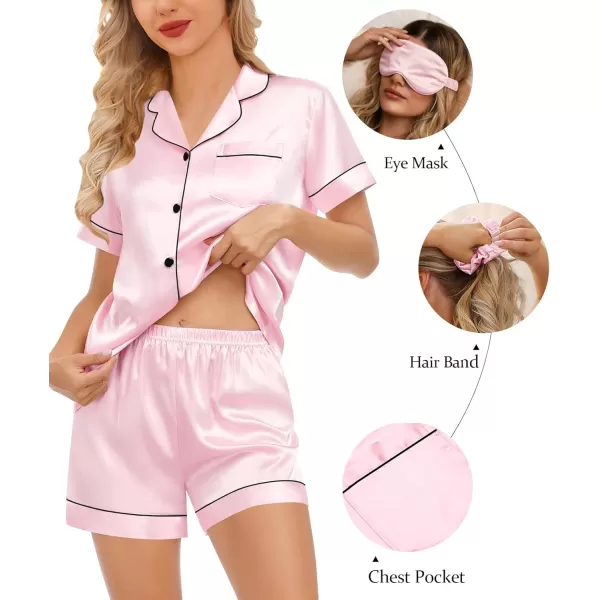 imageSWOMOG Womens 5 Pcs Silk Satin Pajamas Sets Short Sleeve Sleepwear Button Down Pjs Loungewear with Shorts ampamp Long PantsPink