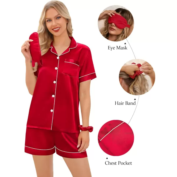 imageSWOMOG Womens 5 Pcs Silk Satin Pajamas Sets Short Sleeve Sleepwear Button Down Pjs Loungewear with Shorts ampamp Long PantsRed