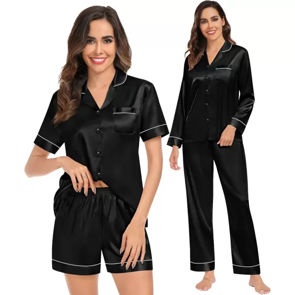 imageSWOMOG Womens Silk Satin Pajamas Sets 4PCS Long Sleeve Sleepwear Button Down Pjs Sets 3PCS Lounge Set Pants ampamp Shorts4pcsblack