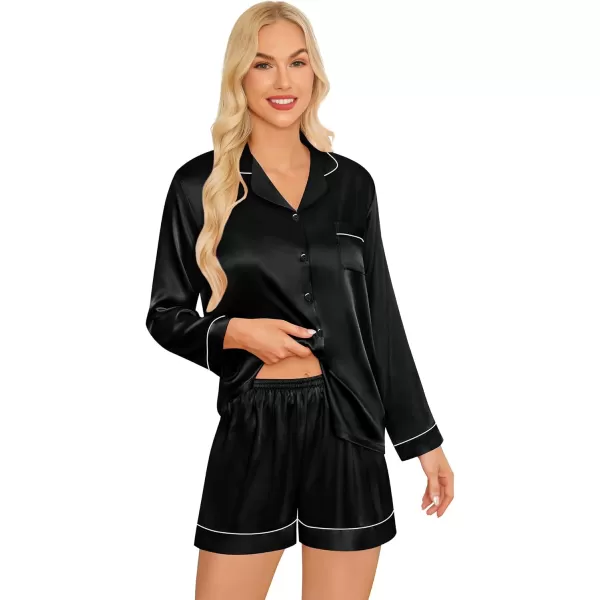 imageSWOMOG Womens Silk Satin Pajamas Sets 4PCS Long Sleeve Sleepwear Button Down Pjs Sets 3PCS Lounge Set Pants ampamp Shorts4pcsblack