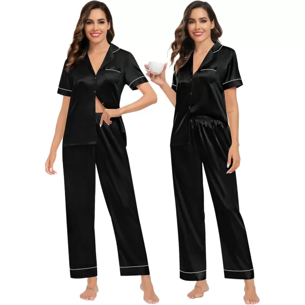 imageSWOMOG Womens Silk Satin Pajamas Sets 4PCS Long Sleeve Sleepwear Button Down Pjs Sets 3PCS Lounge Set Pants ampamp Shorts4pcsblack
