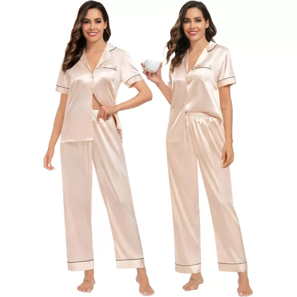 imageSWOMOG Womens Silk Satin Pajamas Sets 4PCS Long Sleeve Sleepwear Button Down Pjs Sets 3PCS Lounge Set Pants ampamp Shorts4pcschampagne