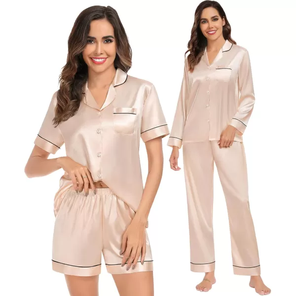 imageSWOMOG Womens Silk Satin Pajamas Sets 4PCS Long Sleeve Sleepwear Button Down Pjs Sets 3PCS Lounge Set Pants ampamp Shorts4pcschampagne