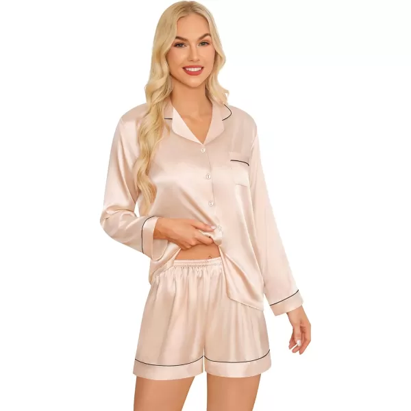 imageSWOMOG Womens Silk Satin Pajamas Sets 4PCS Long Sleeve Sleepwear Button Down Pjs Sets 3PCS Lounge Set Pants ampamp Shorts4pcschampagne