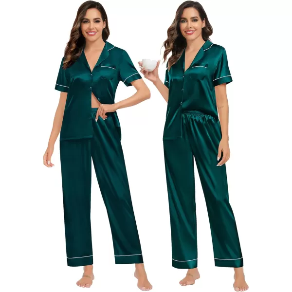 imageSWOMOG Womens Silk Satin Pajamas Sets 4PCS Long Sleeve Sleepwear Button Down Pjs Sets 3PCS Lounge Set Pants ampamp Shorts4pcsdark Geen