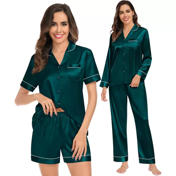 imageSWOMOG Womens Silk Satin Pajamas Sets 4PCS Long Sleeve Sleepwear Button Down Pjs Sets 3PCS Lounge Set Pants ampamp Shorts4pcsdark Geen