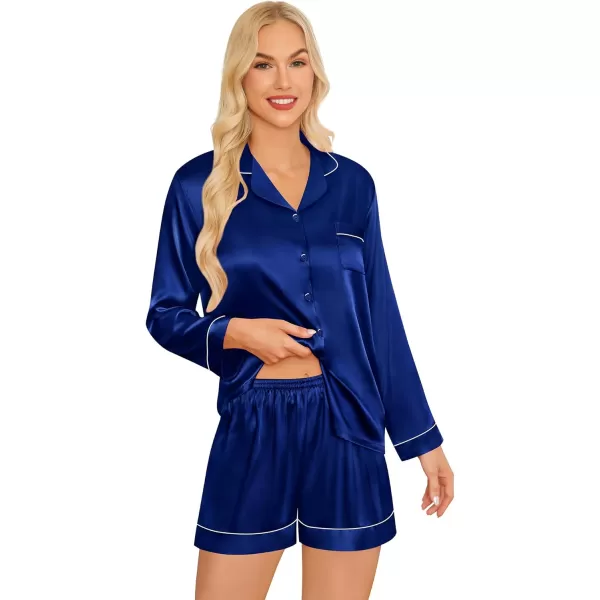 imageSWOMOG Womens Silk Satin Pajamas Sets 4PCS Long Sleeve Sleepwear Button Down Pjs Sets 3PCS Lounge Set Pants ampamp Shorts4pcsnavy Blue