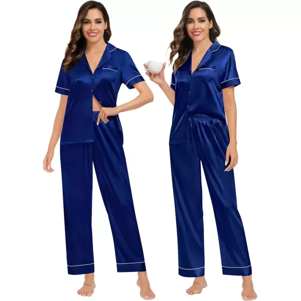 imageSWOMOG Womens Silk Satin Pajamas Sets 4PCS Long Sleeve Sleepwear Button Down Pjs Sets 3PCS Lounge Set Pants ampamp Shorts4pcsnavy Blue