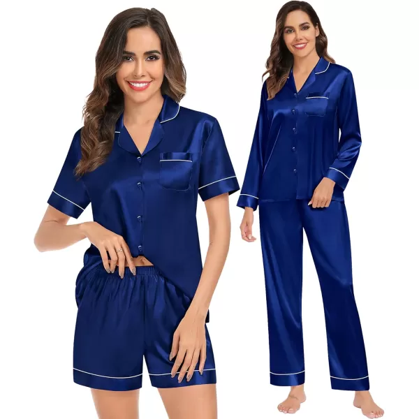 imageSWOMOG Womens Silk Satin Pajamas Sets 4PCS Long Sleeve Sleepwear Button Down Pjs Sets 3PCS Lounge Set Pants ampamp Shorts4pcsnavy Blue