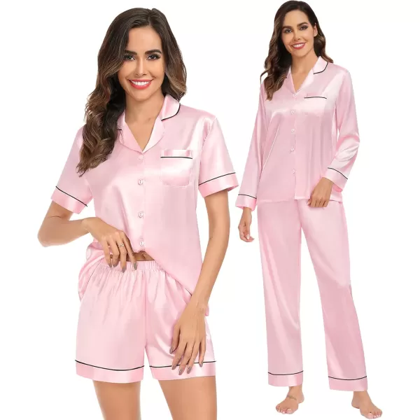 imageSWOMOG Womens Silk Satin Pajamas Sets 4PCS Long Sleeve Sleepwear Button Down Pjs Sets 3PCS Lounge Set Pants ampamp Shorts4pcspink