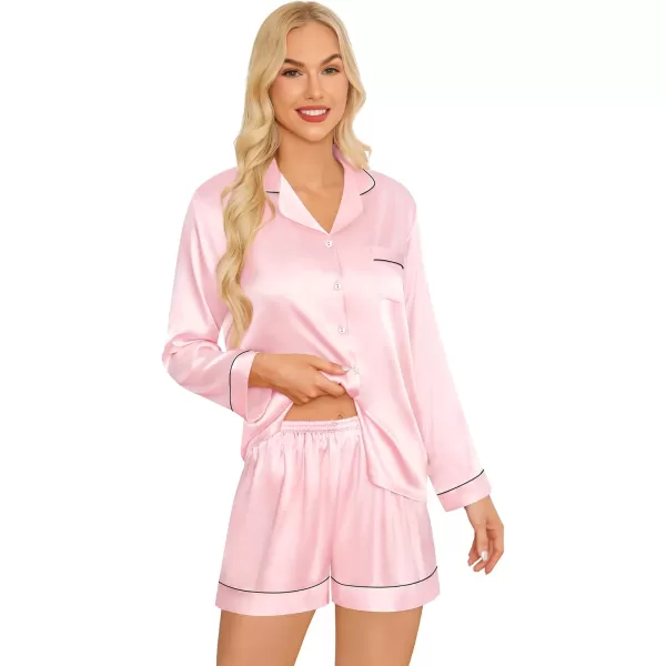 imageSWOMOG Womens Silk Satin Pajamas Sets 4PCS Long Sleeve Sleepwear Button Down Pjs Sets 3PCS Lounge Set Pants ampamp Shorts4pcspink