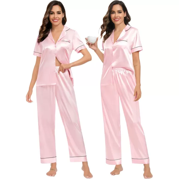 imageSWOMOG Womens Silk Satin Pajamas Sets 4PCS Long Sleeve Sleepwear Button Down Pjs Sets 3PCS Lounge Set Pants ampamp Shorts4pcspink