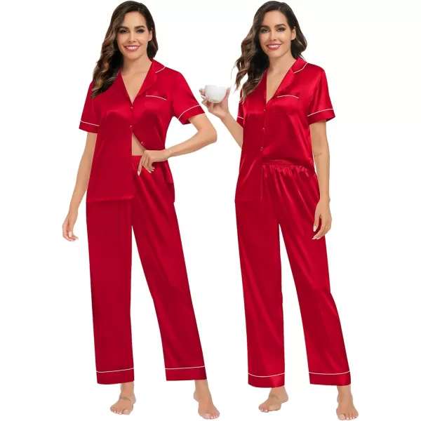 imageSWOMOG Womens Silk Satin Pajamas Sets 4PCS Long Sleeve Sleepwear Button Down Pjs Sets 3PCS Lounge Set Pants ampamp Shorts4pcsred