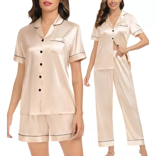 imageSWOMOG Womens Silk Satin Pajamas Sets 4PCS Long Sleeve Sleepwear Button Down Pjs Sets 3PCS Lounge Set Pants ampamp ShortsChampagne3pcs