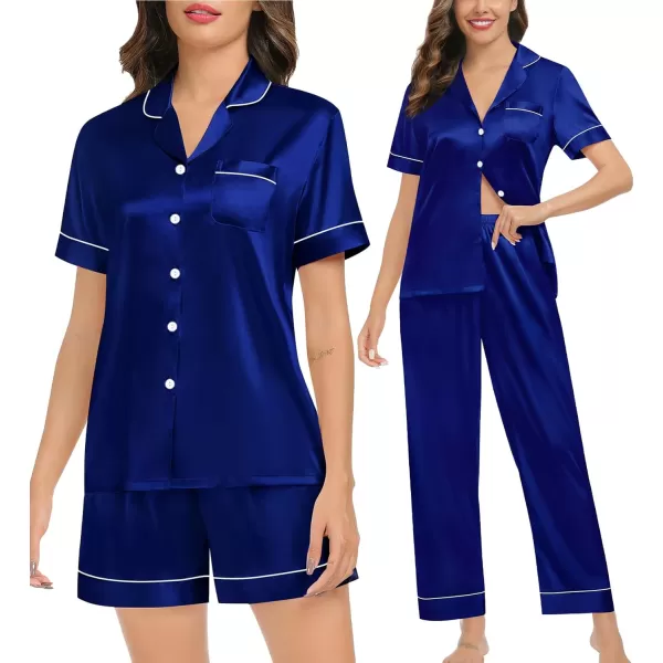 imageSWOMOG Womens Silk Satin Pajamas Sets 4PCS Long Sleeve Sleepwear Button Down Pjs Sets 3PCS Lounge Set Pants ampamp ShortsNavy Blue3pcs