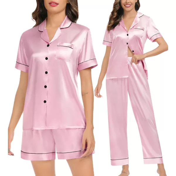 imageSWOMOG Womens Silk Satin Pajamas Sets 4PCS Long Sleeve Sleepwear Button Down Pjs Sets 3PCS Lounge Set Pants ampamp ShortsPink3pcs