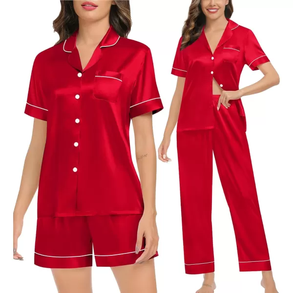 imageSWOMOG Womens Silk Satin Pajamas Sets 4PCS Long Sleeve Sleepwear Button Down Pjs Sets 3PCS Lounge Set Pants ampamp ShortsRed3pcs