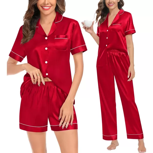 imageSWOMOG Womens Silk Satin Pajamas Sets 4PCS Long Sleeve Sleepwear Button Down Pjs Sets 3PCS Lounge Set Pants ampamp ShortsRed3pcs