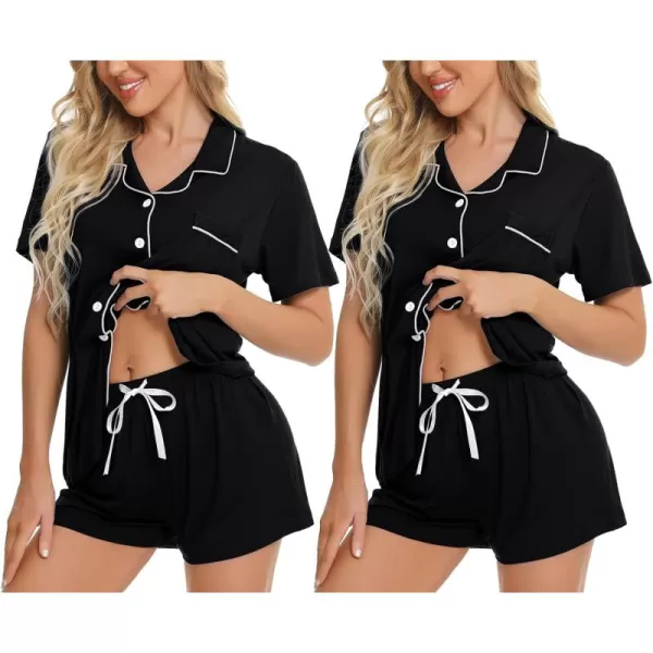 imageSWOMOG 2 Pack Womens Pajama Sets Short Sleeve Sleepwear Top ampamp Shorts Button Down Pjs Soft Loungewear Bride Lounge SetsBlack  Black