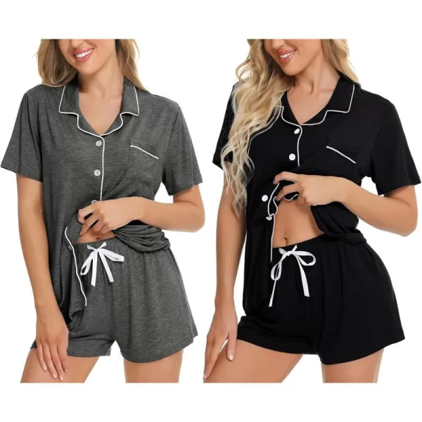 imageSWOMOG 2 Pack Womens Pajama Sets Short Sleeve Sleepwear Top ampamp Shorts Button Down Pjs Soft Loungewear Bride Lounge SetsBlack  Deep Grey