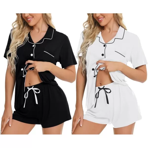 imageSWOMOG 2 Pack Womens Pajama Sets Short Sleeve Sleepwear Top ampamp Shorts Button Down Pjs Soft Loungewear Bride Lounge SetsBlack  White