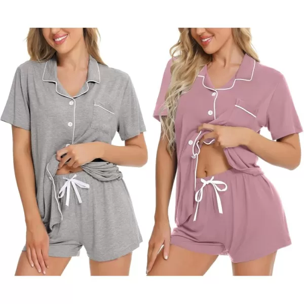 imageSWOMOG 2 Pack Womens Pajama Sets Short Sleeve Sleepwear Top ampamp Shorts Button Down Pjs Soft Loungewear Bride Lounge SetsGrey  Taro Purple