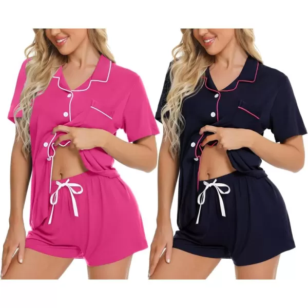 imageSWOMOG 2 Pack Womens Pajama Sets Short Sleeve Sleepwear Top ampamp Shorts Button Down Pjs Soft Loungewear Bride Lounge SetsNavy Blue  Rose Red