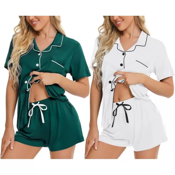 imageSWOMOG 2 Pack Womens Pajama Sets Short Sleeve Sleepwear Top ampamp Shorts Button Down Pjs Soft Loungewear Bride Lounge SetsWhite  Green