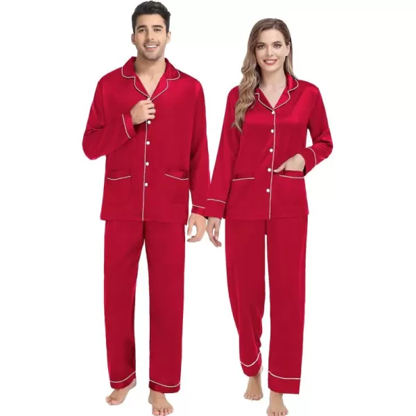 imageSWOMOG Couple Matching Pajamas Sets Women ampamp Men Silk Satin Pjs Set Long Sleeve Button Down Sleepwear with 2 PocketsAred