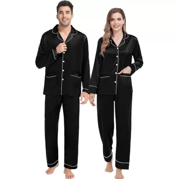 imageSWOMOG Couple Matching Pajamas Sets Women ampamp Men Silk Satin Pjs Set Long Sleeve Button Down Sleepwear with 2 PocketsBlack