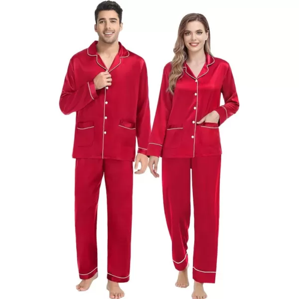 imageSWOMOG Couple Matching Pajamas Sets Women ampamp Men Silk Satin Pjs Set Long Sleeve Button Down Sleepwear with 2 PocketsBright Red