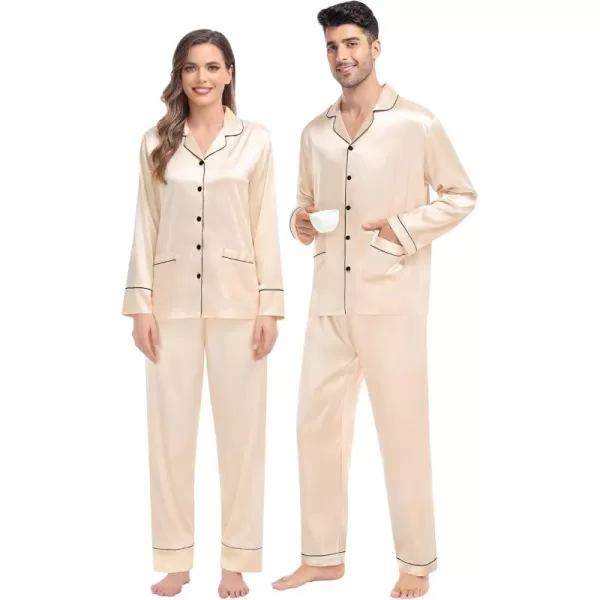 imageSWOMOG Couple Matching Pajamas Sets Women ampamp Men Silk Satin Pjs Set Long Sleeve Button Down Sleepwear with 2 PocketsChampagne