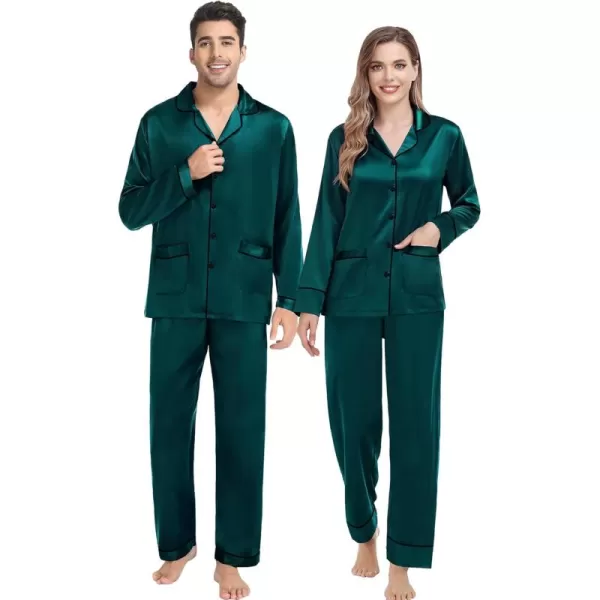 imageSWOMOG Couple Matching Pajamas Sets Women ampamp Men Silk Satin Pjs Set Long Sleeve Button Down Sleepwear with 2 PocketsDeep Green