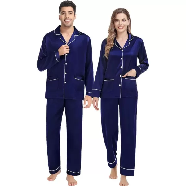 imageSWOMOG Couple Matching Pajamas Sets Women ampamp Men Silk Satin Pjs Set Long Sleeve Button Down Sleepwear with 2 PocketsDeep Navy Blue