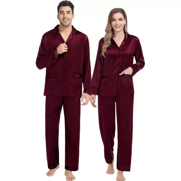 imageSWOMOG Couple Matching Pajamas Sets Women ampamp Men Silk Satin Pjs Set Long Sleeve Button Down Sleepwear with 2 PocketsDeep Wine Red