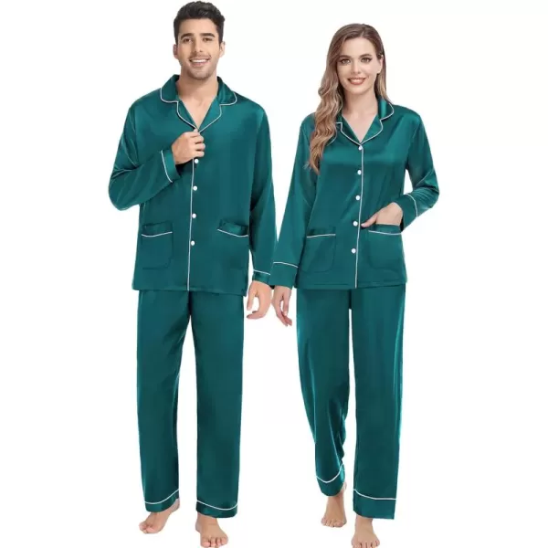 imageSWOMOG Couple Matching Pajamas Sets Women ampamp Men Silk Satin Pjs Set Long Sleeve Button Down Sleepwear with 2 PocketsGreen