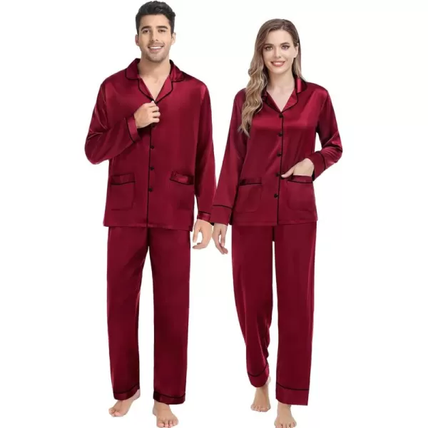 imageSWOMOG Couple Matching Pajamas Sets Women ampamp Men Silk Satin Pjs Set Long Sleeve Button Down Sleepwear with 2 PocketsWine Red