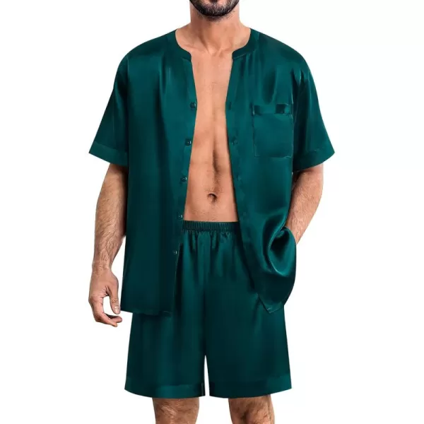 imageSWOMOG Mens Satin Pajamas Set Silk Button Down Sleepwear with Pockets Short Sleeve Loungewear 2 Piece Pjs Set NightwearDeep Green