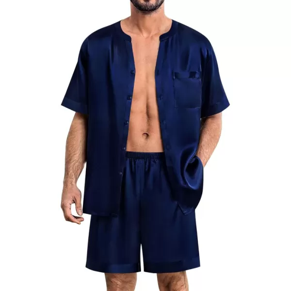 imageSWOMOG Mens Satin Pajamas Set Silk Button Down Sleepwear with Pockets Short Sleeve Loungewear 2 Piece Pjs Set NightwearDeep Navy Blue