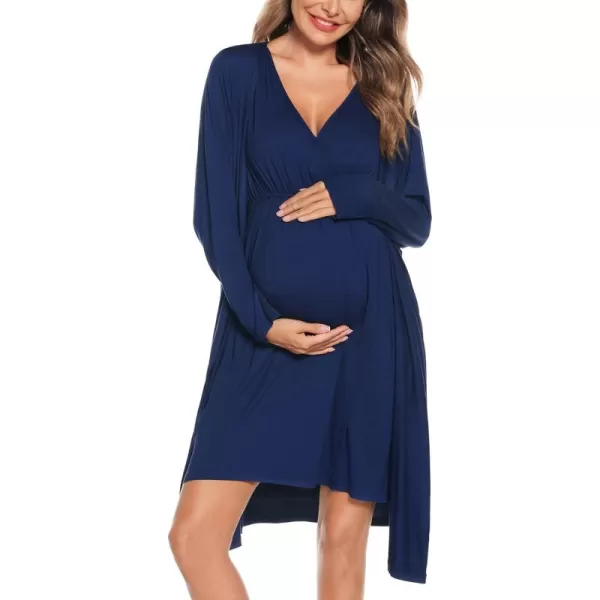 imageSWOMOG Women Maternity Nursing Gown and Robe Set 3 in 1 Labor Delivery Nursing Nightgown for Breastfeeding Hospital BathrobeAnavy Blue