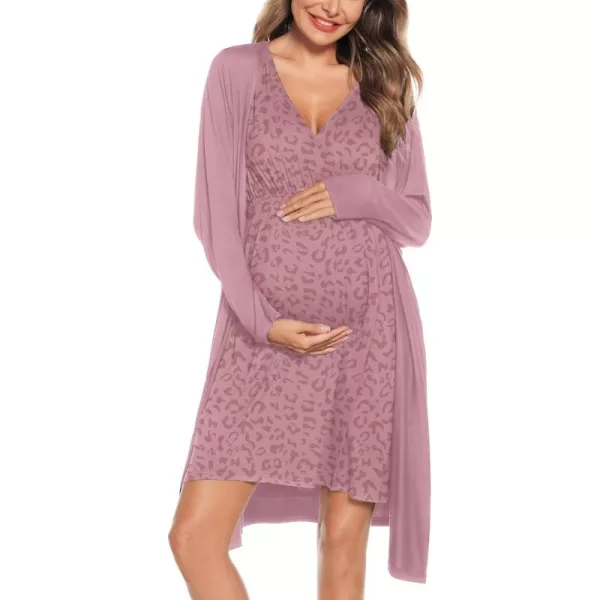 imageSWOMOG Women Maternity Nursing Gown and Robe Set 3 in 1 Labor Delivery Nursing Nightgown for Breastfeeding Hospital BathrobeTaropurple  Leopard