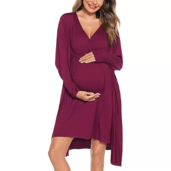 imageSWOMOG Women Maternity Nursing Gown and Robe Set 3 in 1 Labor Delivery Nursing Nightgown for Breastfeeding Hospital BathrobeWineberry