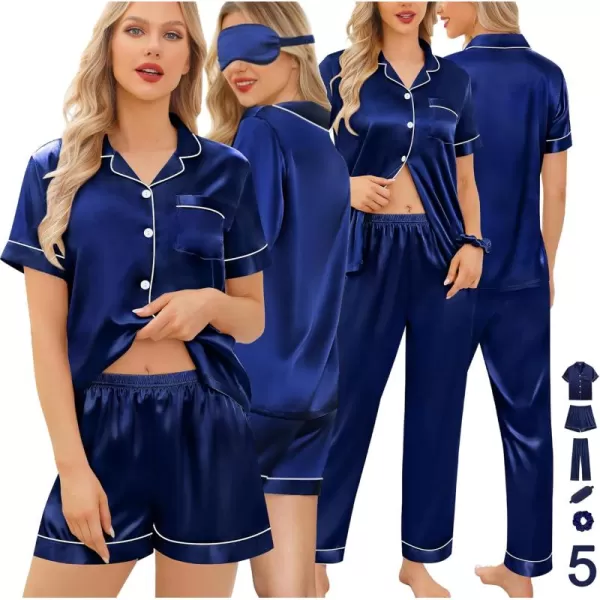 imageSWOMOG Womens 5 Pcs Silk Satin Pajamas Sets Short Sleeve Sleepwear Button Down Pjs Loungewear with Shorts ampamp Long PantsNavy Blue