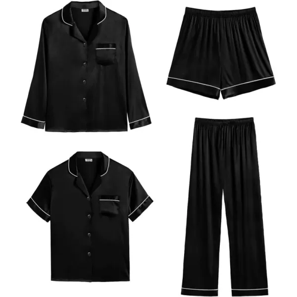 imageSWOMOG Womens Silk Satin Pajamas Sets 4PCS Long Sleeve Sleepwear Button Down Pjs Sets 3PCS Lounge Set Pants ampamp Shorts4pcsblack