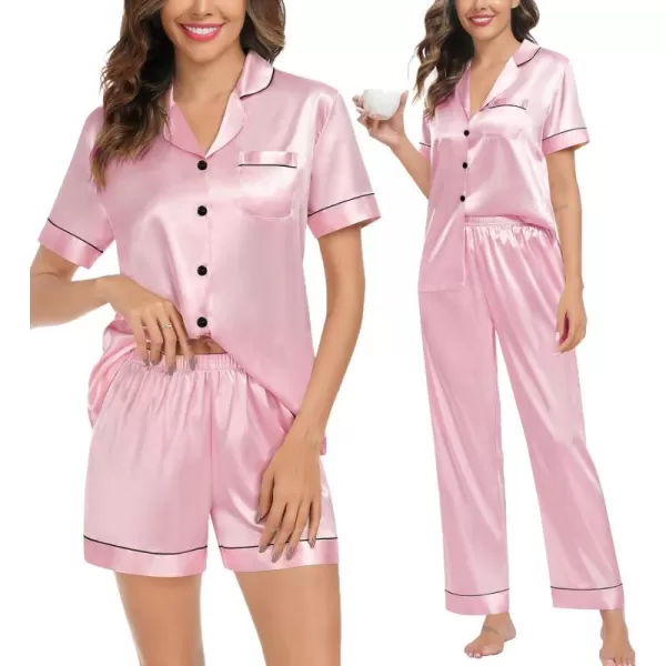 imageSWOMOG Womens Silk Satin Pajamas Sets 4PCS Long Sleeve Sleepwear Button Down Pjs Sets 3PCS Lounge Set Pants ampamp ShortsPink3pcs