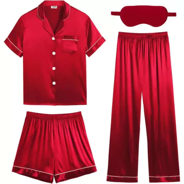 imageSWOMOG Womens Silk Satin Pajamas Sets 4PCS Long Sleeve Sleepwear Button Down Pjs Sets 3PCS Lounge Set Pants ampamp ShortsRed3pcs