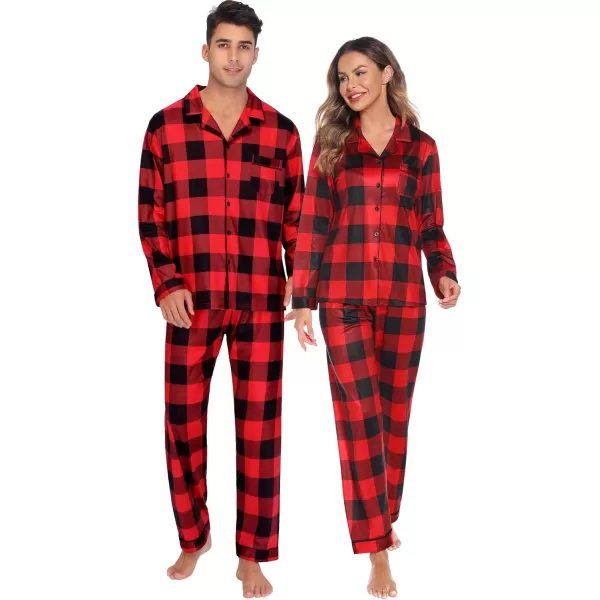 imageSWOMOG Couples Christmas Pajamas Set Women ampamp Men Long Sleeve Pj Set Party Holiday Sleepwear ButtonDown Loungewear SetBig Red With Black Grid