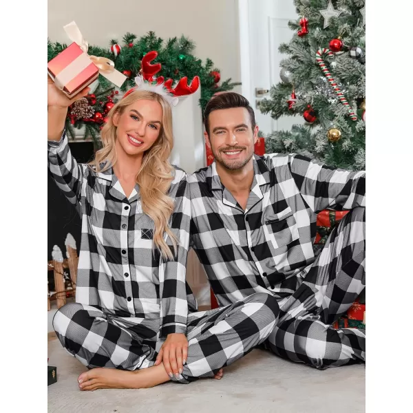 imageSWOMOG Couples Christmas Pajamas Set Women ampamp Men Long Sleeve Pj Set Party Holiday Sleepwear ButtonDown Loungewear SetBlack White Grid