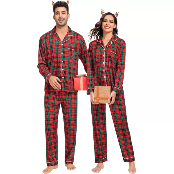 imageSWOMOG Couples Christmas Pajamas Set Women ampamp Men Long Sleeve Pj Set Party Holiday Sleepwear ButtonDown Loungewear SetRed Green Grid