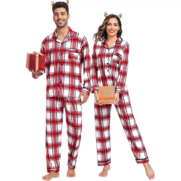 imageSWOMOG Couples Christmas Pajamas Set Women ampamp Men Long Sleeve Pj Set Party Holiday Sleepwear ButtonDown Loungewear SetRed White Grid